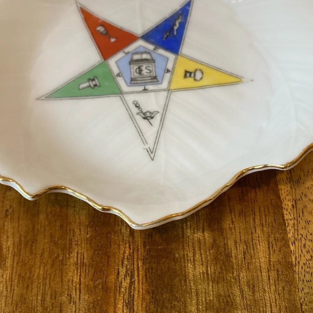 Vintage Eastern Star‎ Leaf Shaped Saucer Porcelain Dish Multicolor Star Design